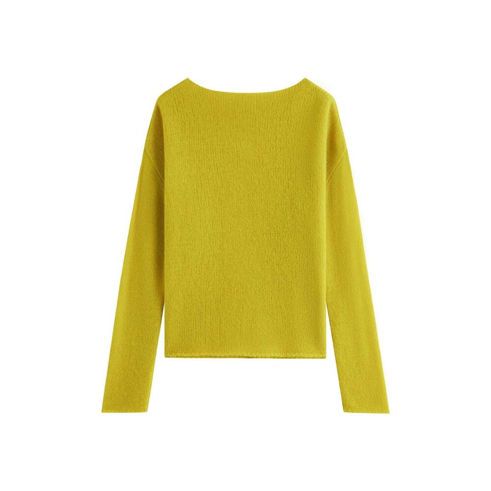FSLE Women Solid Sweaters 100% Wool Female Knit Sweater Boat Collar 2025 Spring Yellow Green Casual Pullover 25Fs11207