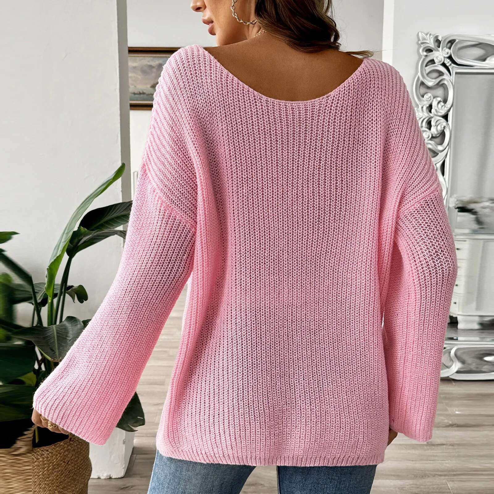Traf Women'S Pullover Top Loose One Line Neck Off Shoulder Flare Sleeve Sweater Ropa Para Mujer Tops For Women fashion clothing women