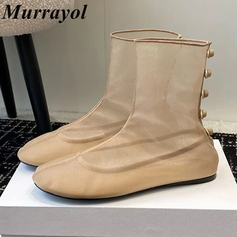 Round Toe Solid Color Rear Button Cool Boots Women Mesh Breathable Flat Heels Ankle Boots Summer Sexy Fashion Short Boots 250428