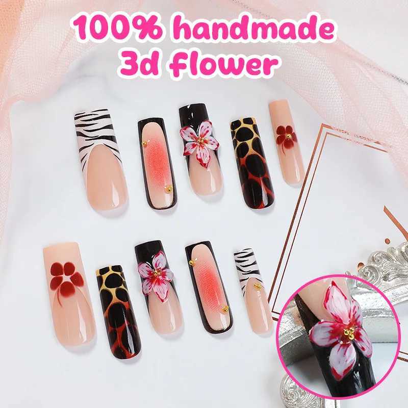 24 pieces of French 3D flower false nails Hand embossed leopard powder blusher gradual change false nails Y2k long ballet coffin full cover H25429