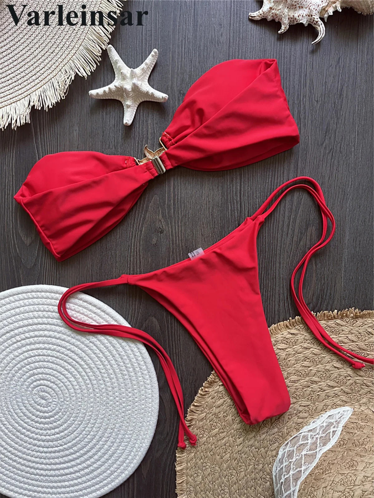 Sexy Metal Star Bandeau High Cut Leg Bikini Female Swimsuit Women Swimwear Two-pieces Bikini set Bather Bathing Suit Swim V6584 250428
