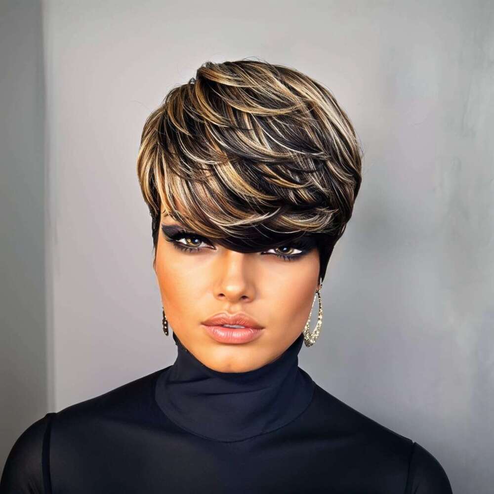PangDongLai Cut for Black Women 1B/30/613 Trend Color Short Layered Pixie Wigs With Bangs Brazilian Straight Real Human Hair Glueless Full hine Made (