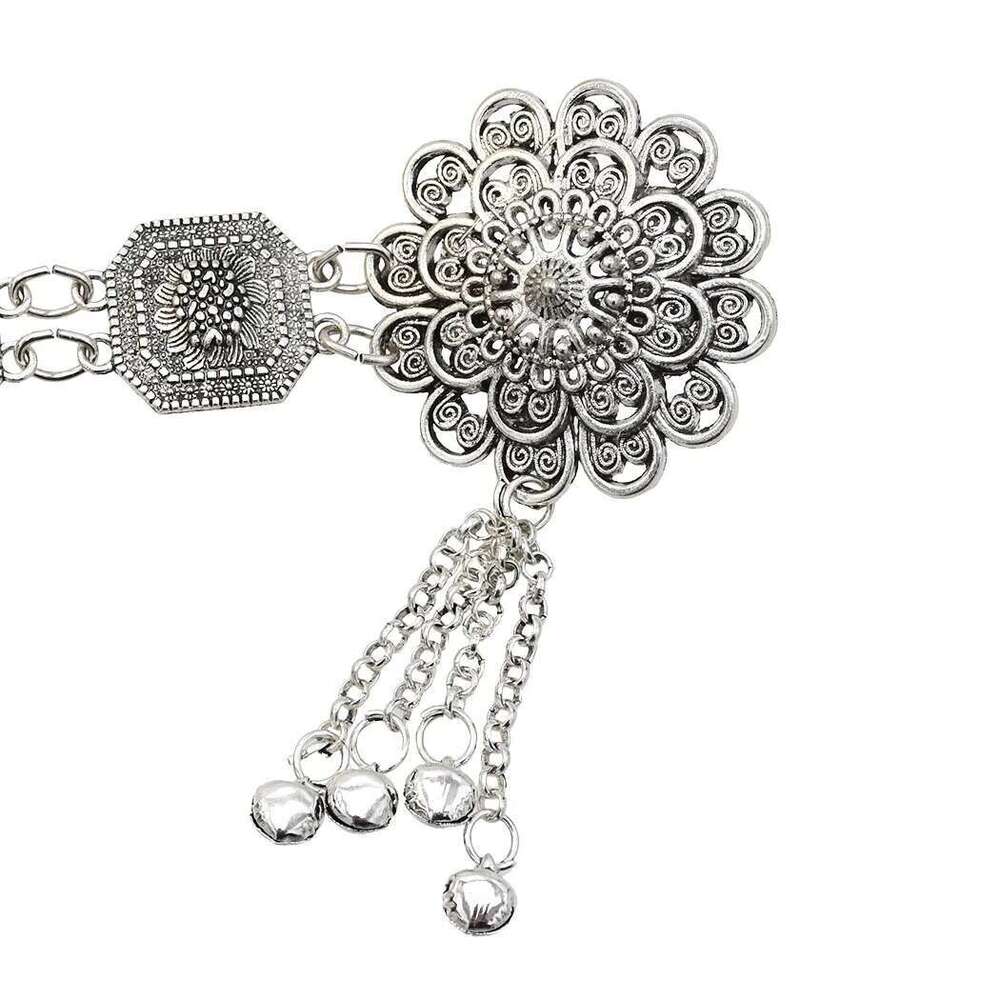 Bohemian Ethnic Style Retro Alloy Waist Square Carved Dance Chain Flower Bell Belly Summer Beach Accessories
