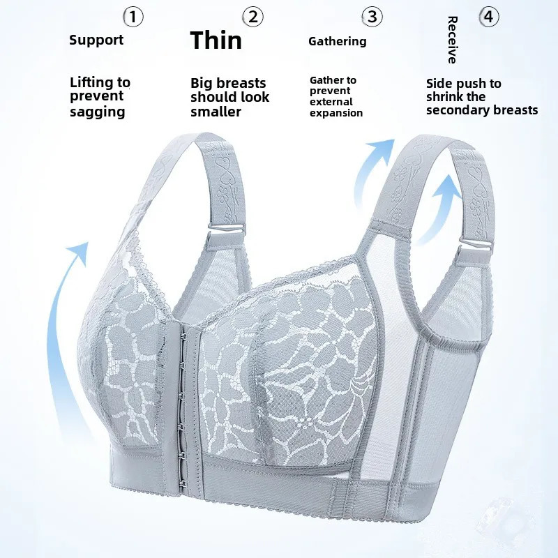 Womens plus size lace underwear lightweight front buckle n adjustable lifting and anti sagging bra without steel ring 250430