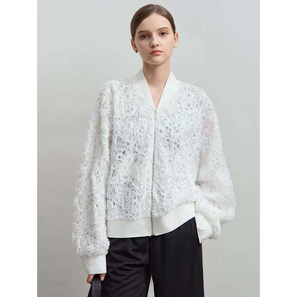 AMII Minimalist Zipper Jacket Women 2025 Spring New V Neck Stereoscopic Hollow Flowers Drop Sleeve Loose Casual Tops 12541004
