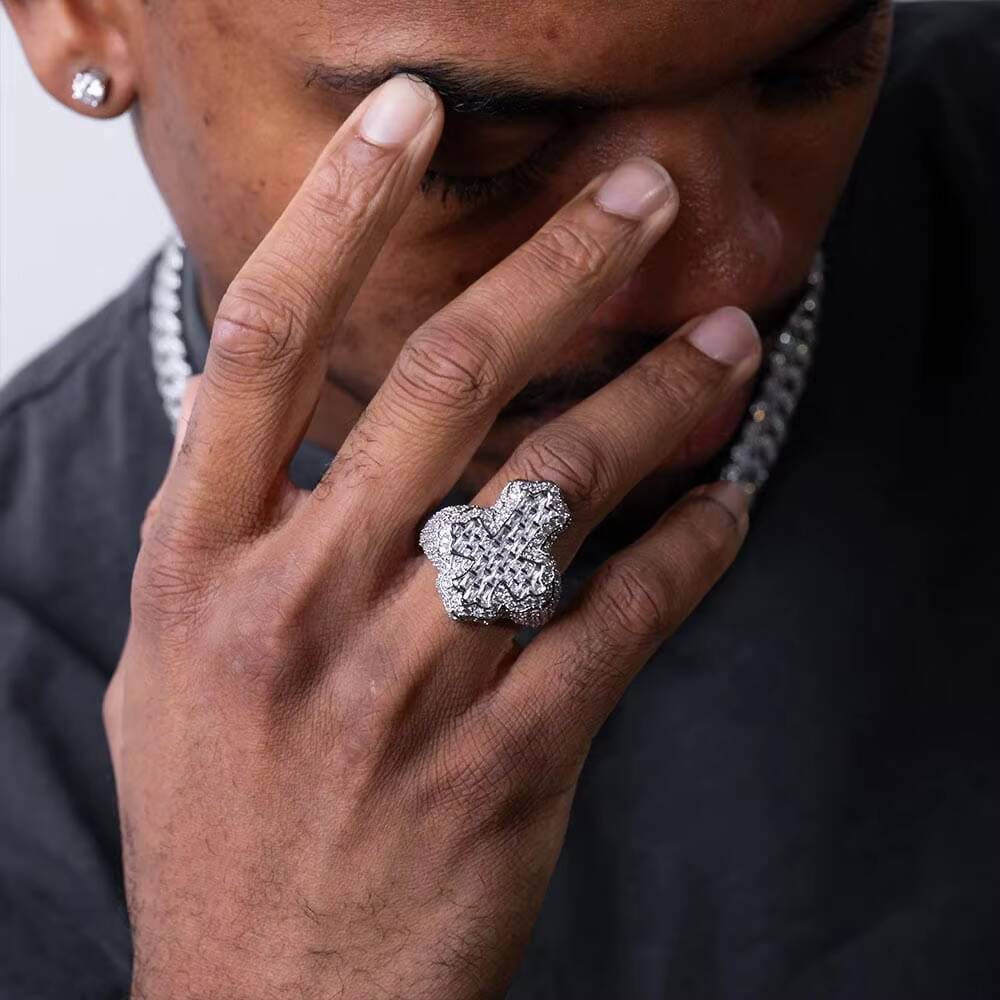 SPARKS VISTA Fashionable Iced Moissanite Cross Ring 925 Sterling Silver VVS Diamond Alternative for Certified Hip Hop Jewelry