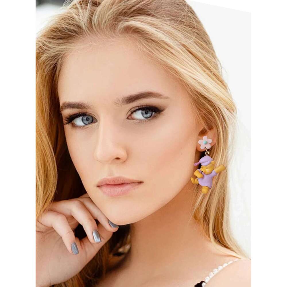 New Fashionable Cartoon Cute Pink Pamas With Teddy Bear Earrings, Suitable For Daily Wear, Gatherings, Music Festivals