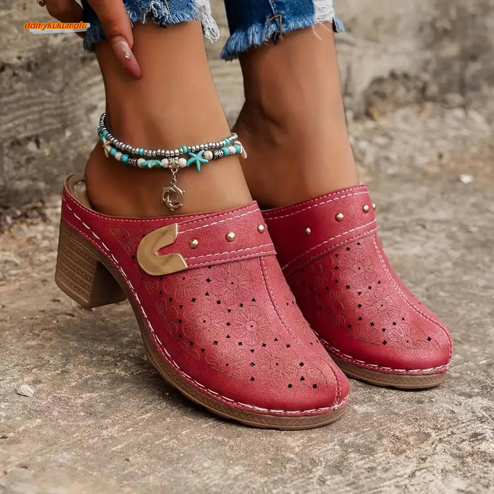 Bohemian Comfortable Ladies Medium Length Heel Outdoor Shoes High Heeled Boots 2025 Spring Summer Sandals Slippers ddmykukumalu