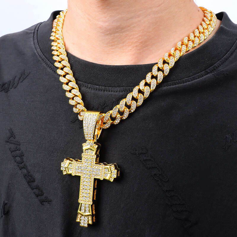 Hip hop men necklace stainless steel cross pendant necklace Cuban chain retro gold necklace bracelet jewelry set