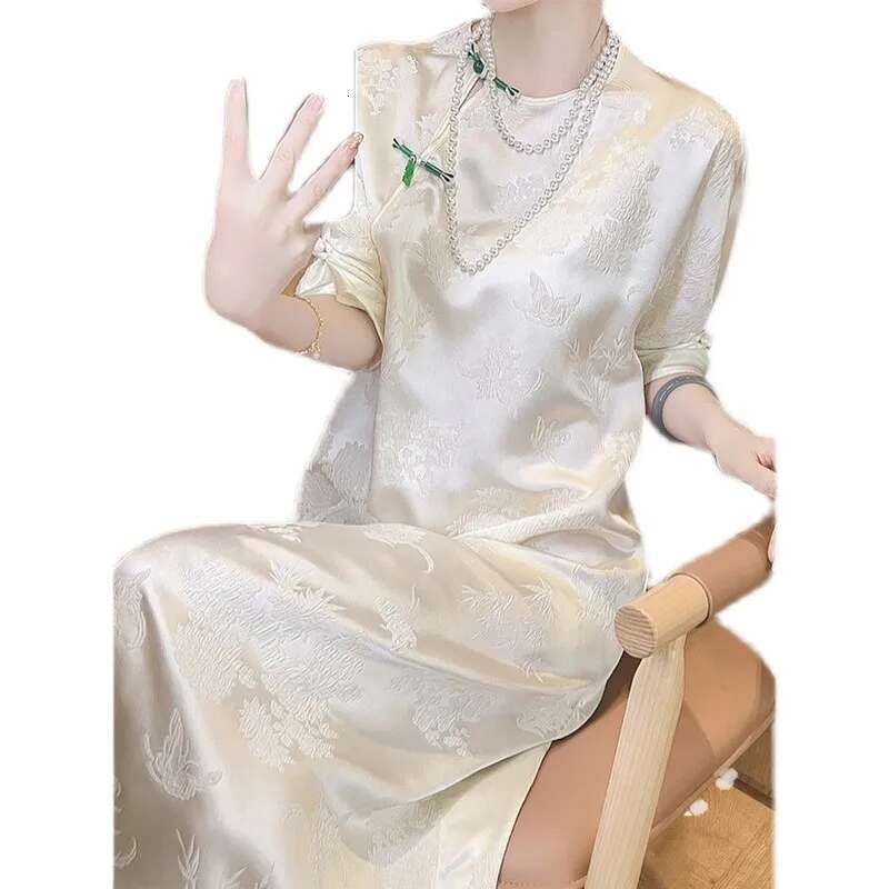 New Chinese Style Heavy Mmi Silk Short Sleeve Cheongsam Dress For Women