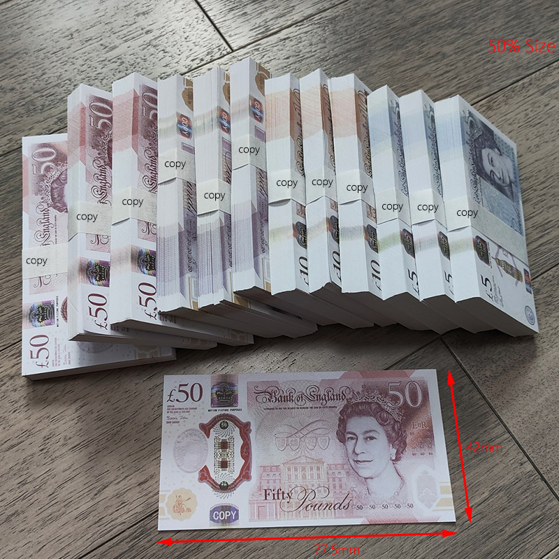 Prop Money UK Paper Toys Pounds GBP British 10 20 50 Fake Money Notes toy For Kids Christmas Gifts or Video Film Education Learning Toy for Music Video 77.5*42mm 50% Size