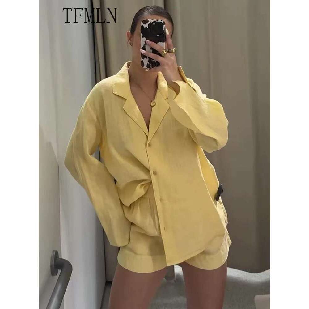 TFMLN 2025 Casual Women Solids Blouse Set Summer Loose Long Sleeve Single Breasted Top Elastic Waist Short Fashion Outfits