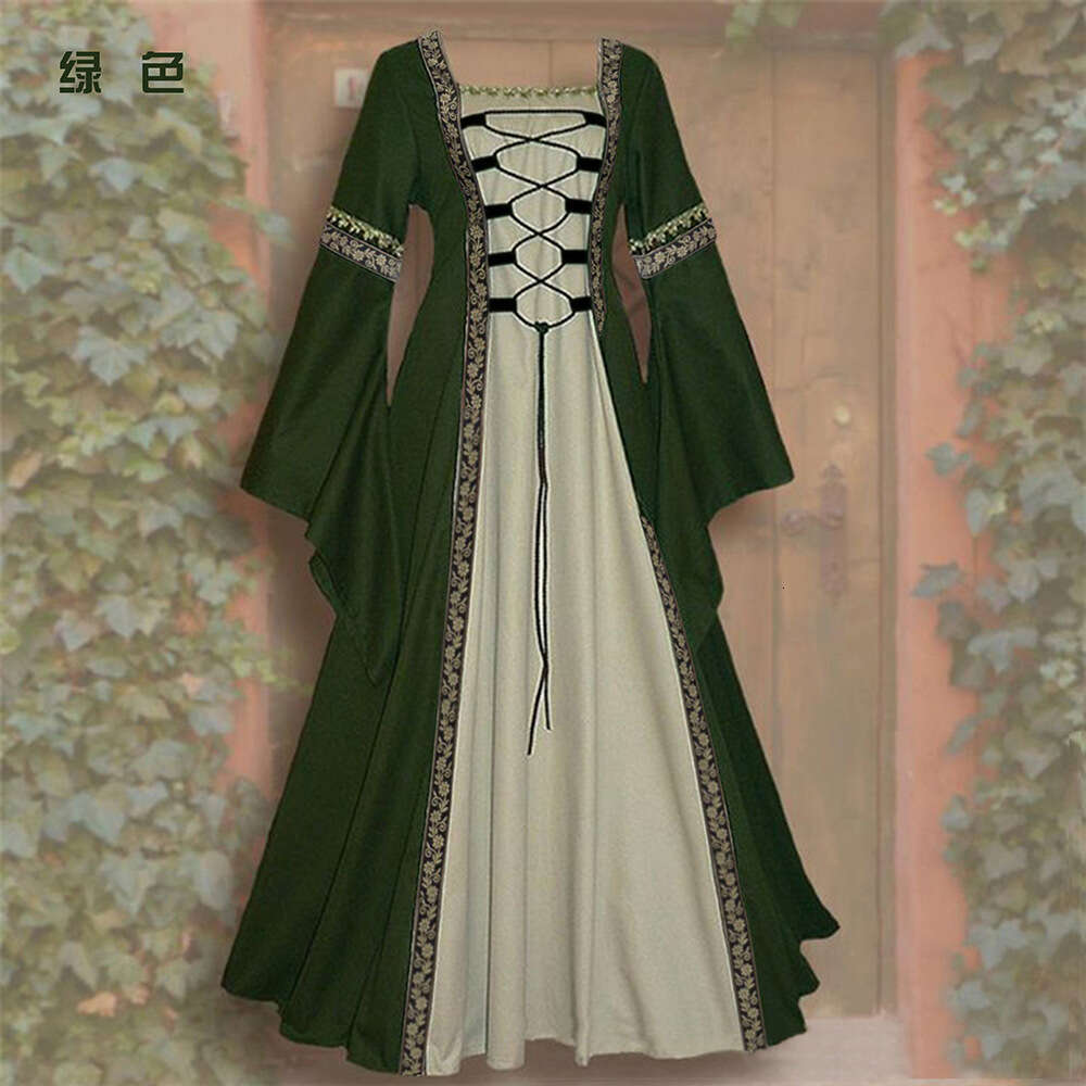 Hot selling European and American square collar sleeved trumpet sleeve lace up long dress Gothic retro women's 2025 new style chic elegant clothi
