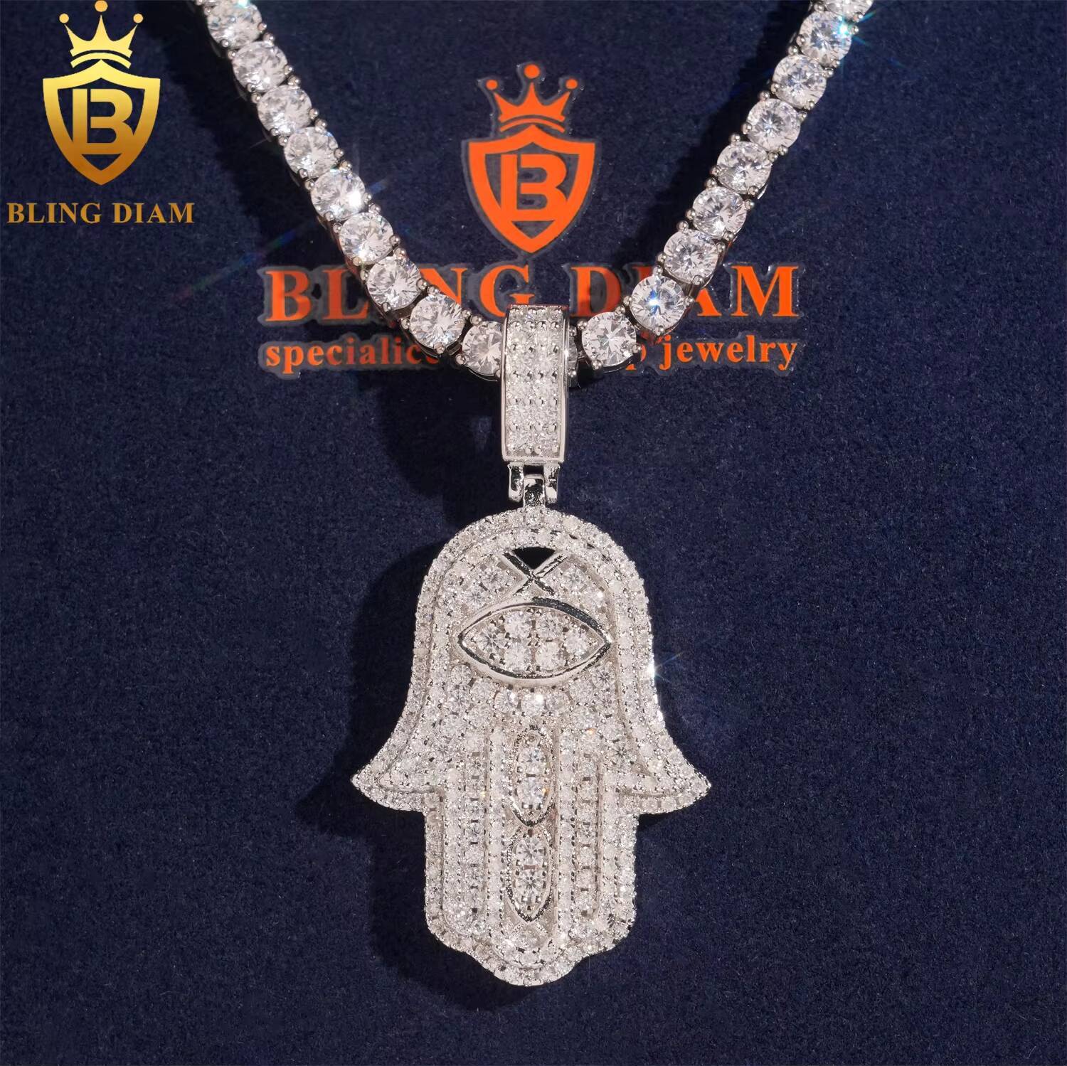 Hamsa Hand Pendant Hip Hop Jewelry Full Diamond VVS Moissanite 925 Silver Charm Pendant Pass Diamond Tester