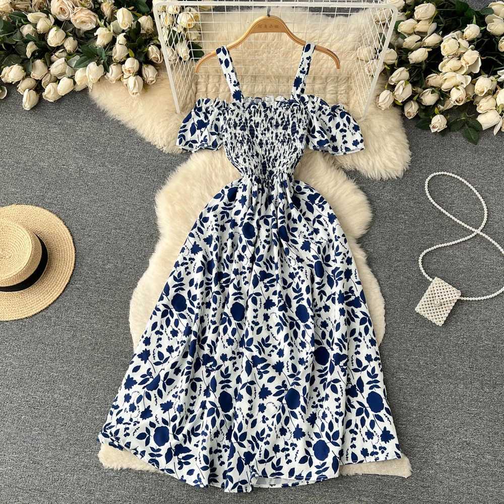 YoooMuoo Fashion Printed Long Summer Dress Womens Vacation Style A-line Shoulder Beach Dress Korean Party Tank Top W250430