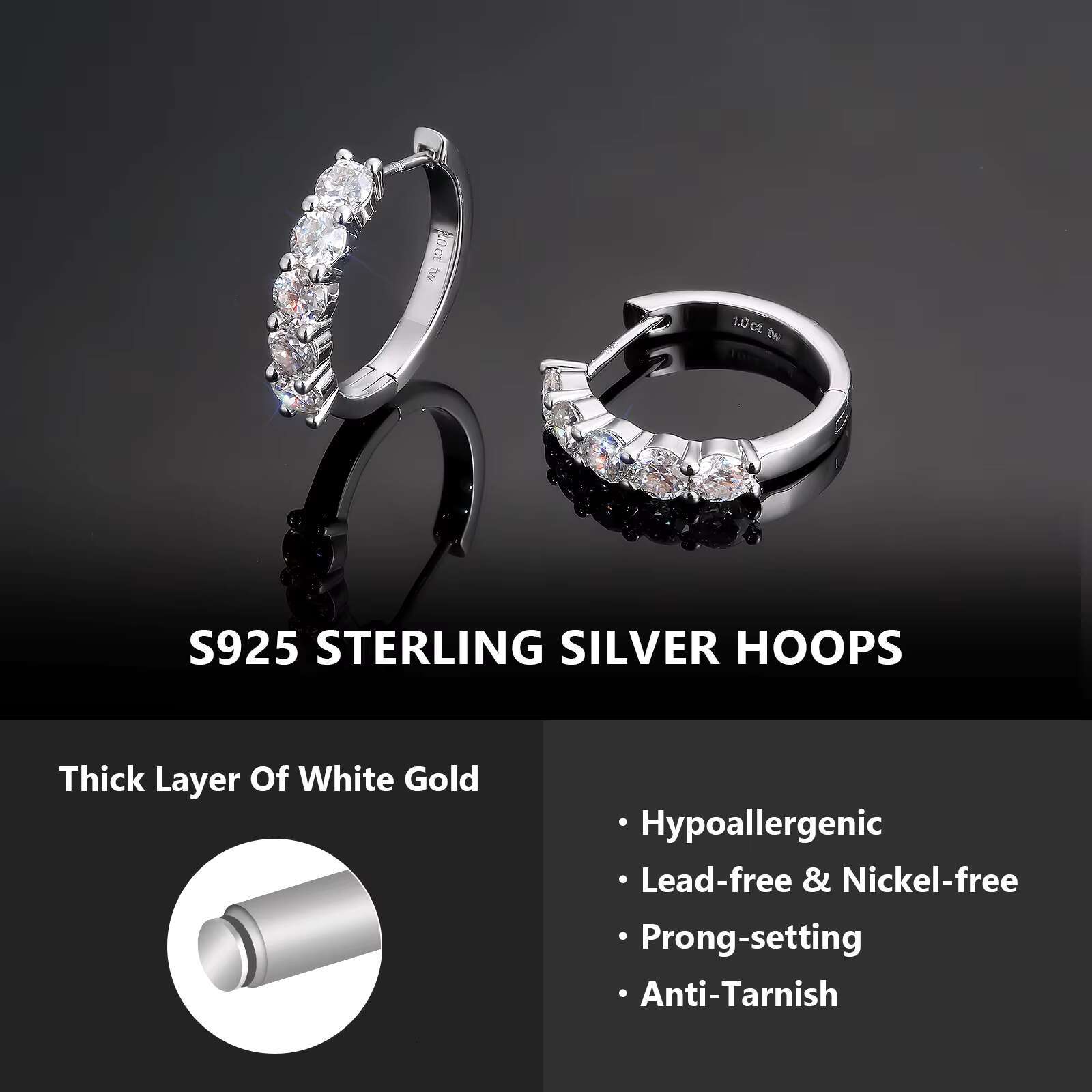 Moissanite Hoop Stud 0.6-2.0Ctw Lab Created Diamond 14K White Gold Plated 925 Sterling Silver Women Men Wedding Huggie Earring
