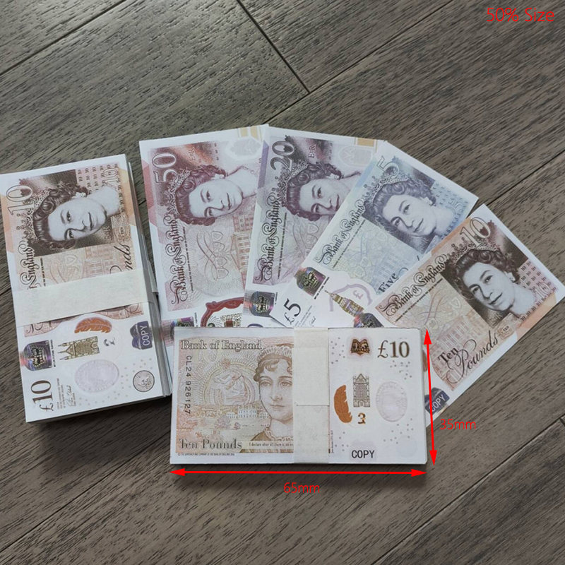 Prop Money Game Copy UK Fake Money Pound GBP 5 10 20 50 NOTES Extra Bank Strap Copy Money - Movies Play Money Fake Casino Photo Booth 100PCS/Pack 65*35mm 50% Size