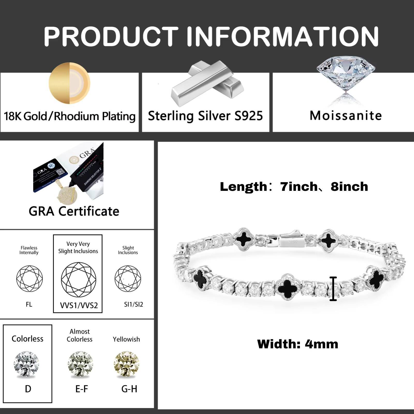 Fashion Design Black Clover Tennis Chain Luxury VVS D Moissanite 925 Sterling Silver Tennis Bracelet 4mm Hip Hop Jewelry