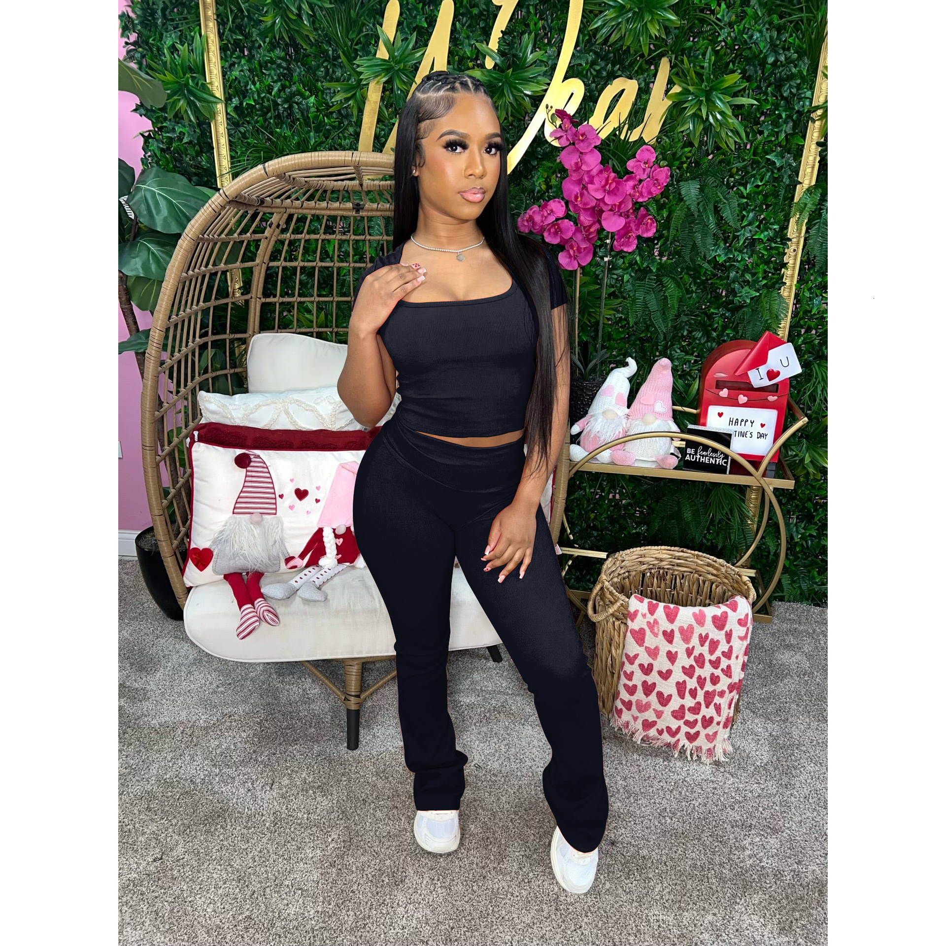 Womens Tracksuits Two Pieces Set 2025 Summer New Pit Stripe U Neck Short Sleeve Flipped Pants 5 Colors