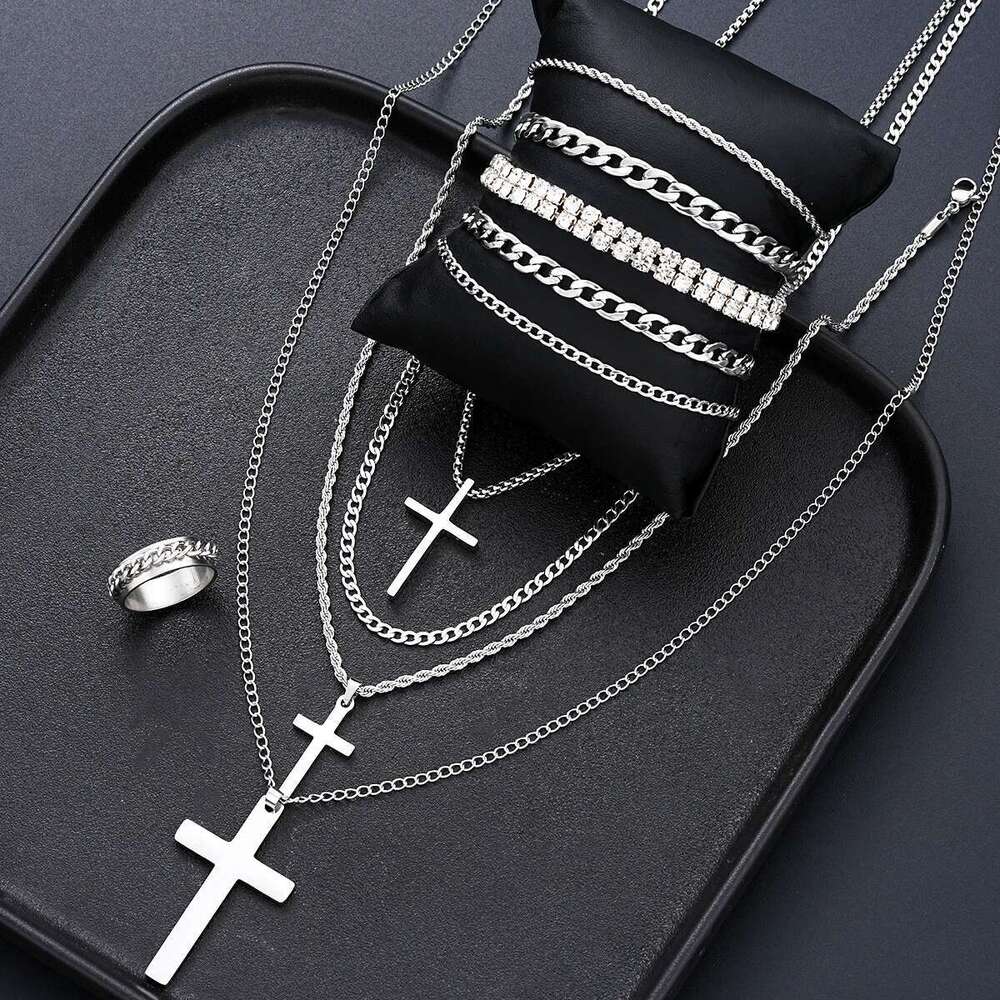 Sier Color Punk Stainless Steel Cross Jewelry Set For Women Men Hiphop Twisted Necklaces Crystal Bracelets Chain Ring Fashion
