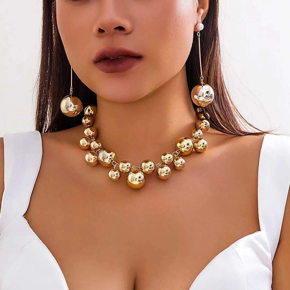 Punk Acrylic CCB Big Ball Bead Necklace Drop Earrings For Women Vintage Chunky Clavicle Chain Grunge Jewelry Set Steampunk