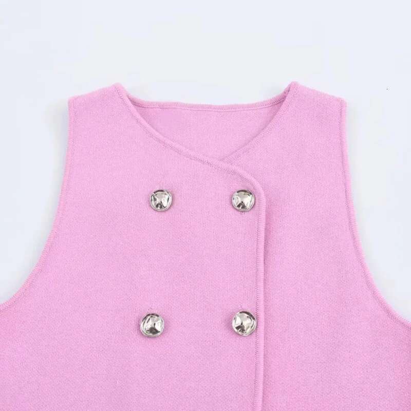 TRAF Sweater Lady Sleeveless Pink Knitted Vest For Women Fall Round Neck Short Sweaters Elegant Knit Vests Woman fashion clothing women