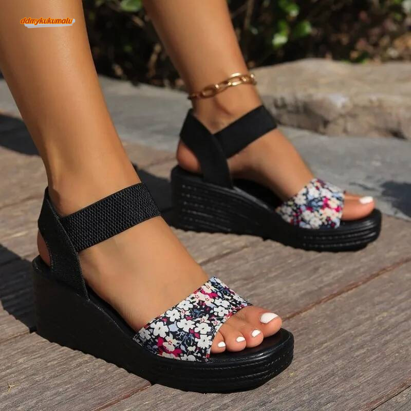 Fashion Floral Ladies Casual Broadband Open Toe Wedge Comfortable Elegant Sandals For Beach Flat Summer Shoes ddmykukumalu