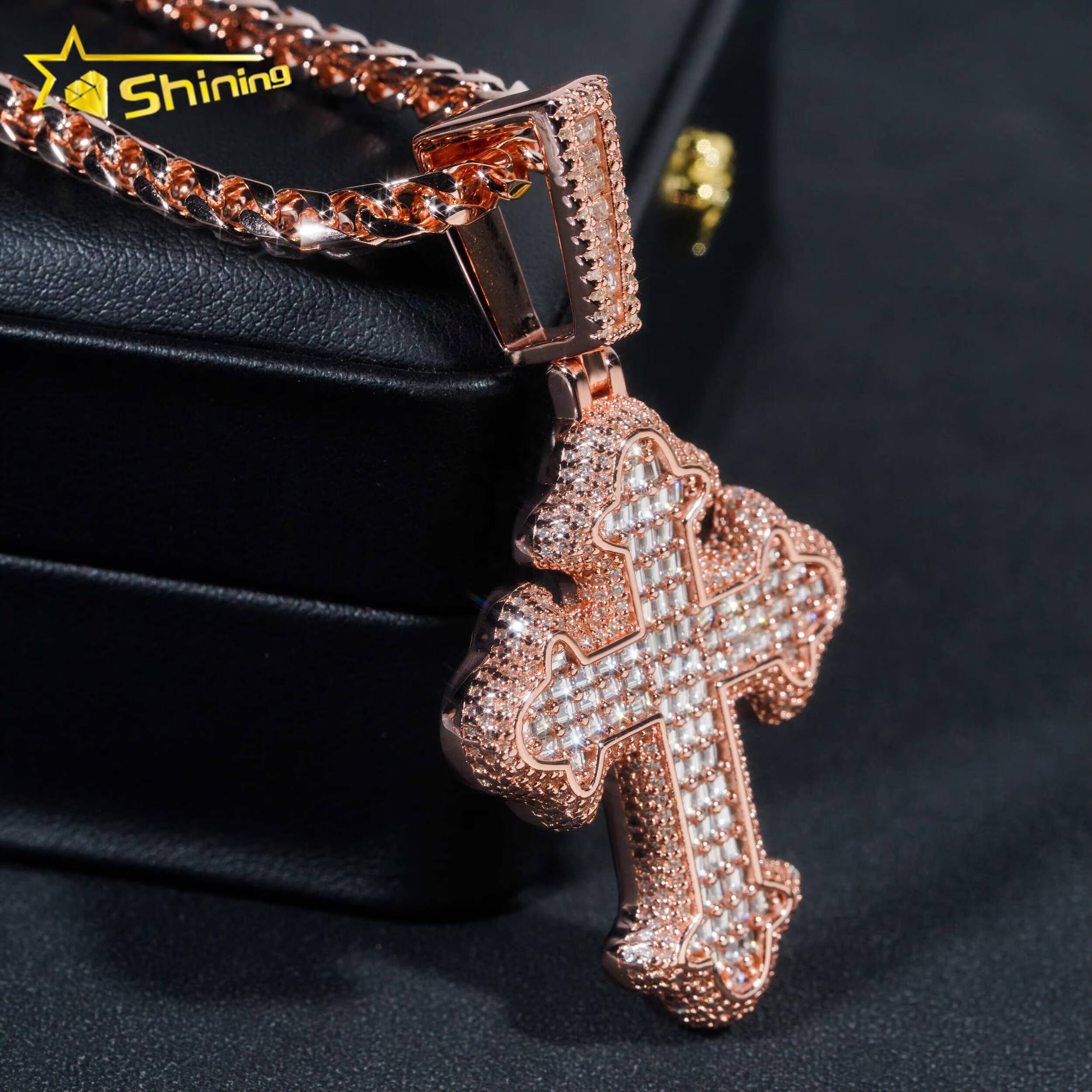 New Design Hip Hop Style Baguette Diamond Luxury 925 Silver Moissanite Cross Pendant
