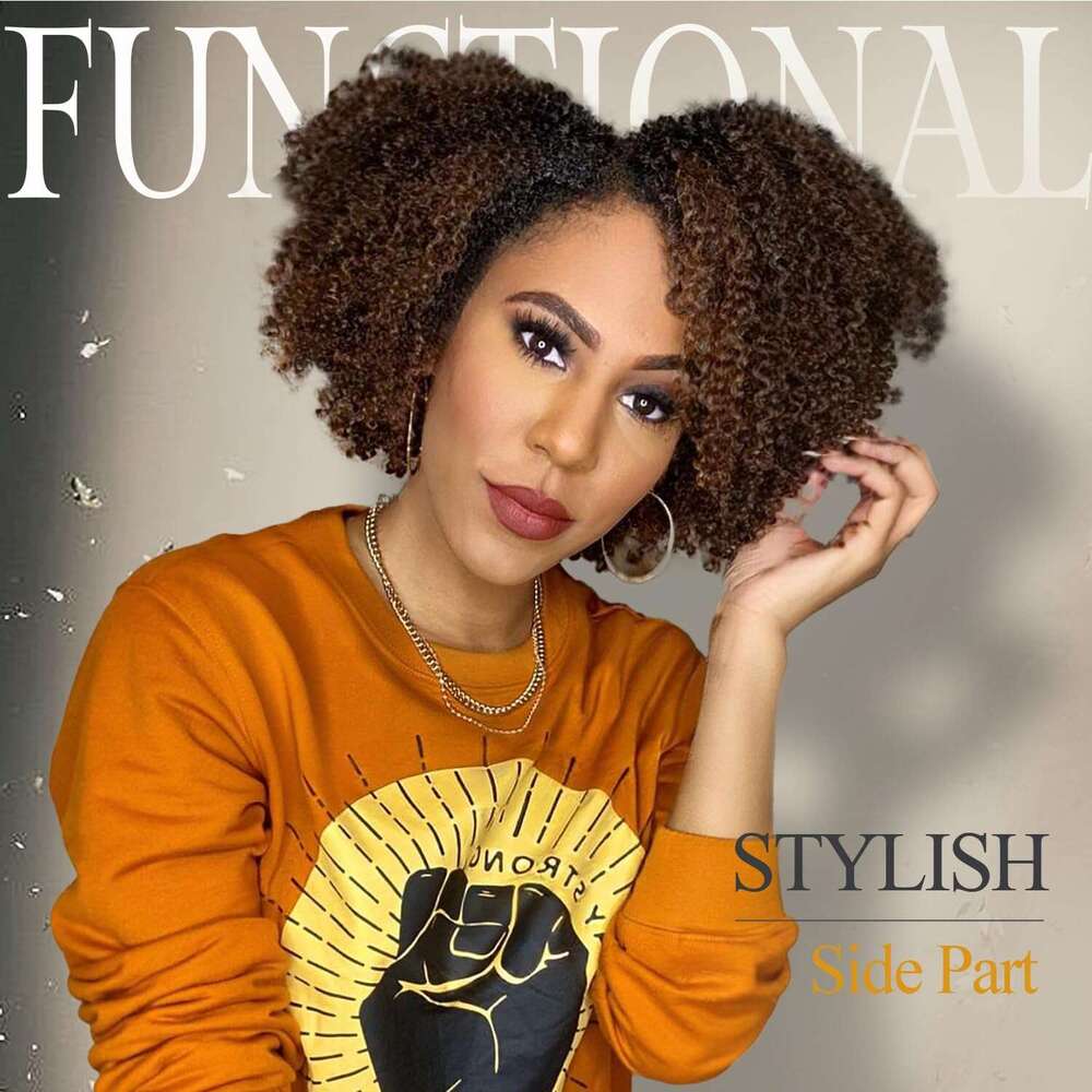 Hanne Fashion Short Kinky Ombre Brown Side Part Afro Curly Wig Twist Out Wigs Heat Resistant Fiber Synthetic Full Hair for Black Women (1B 30)