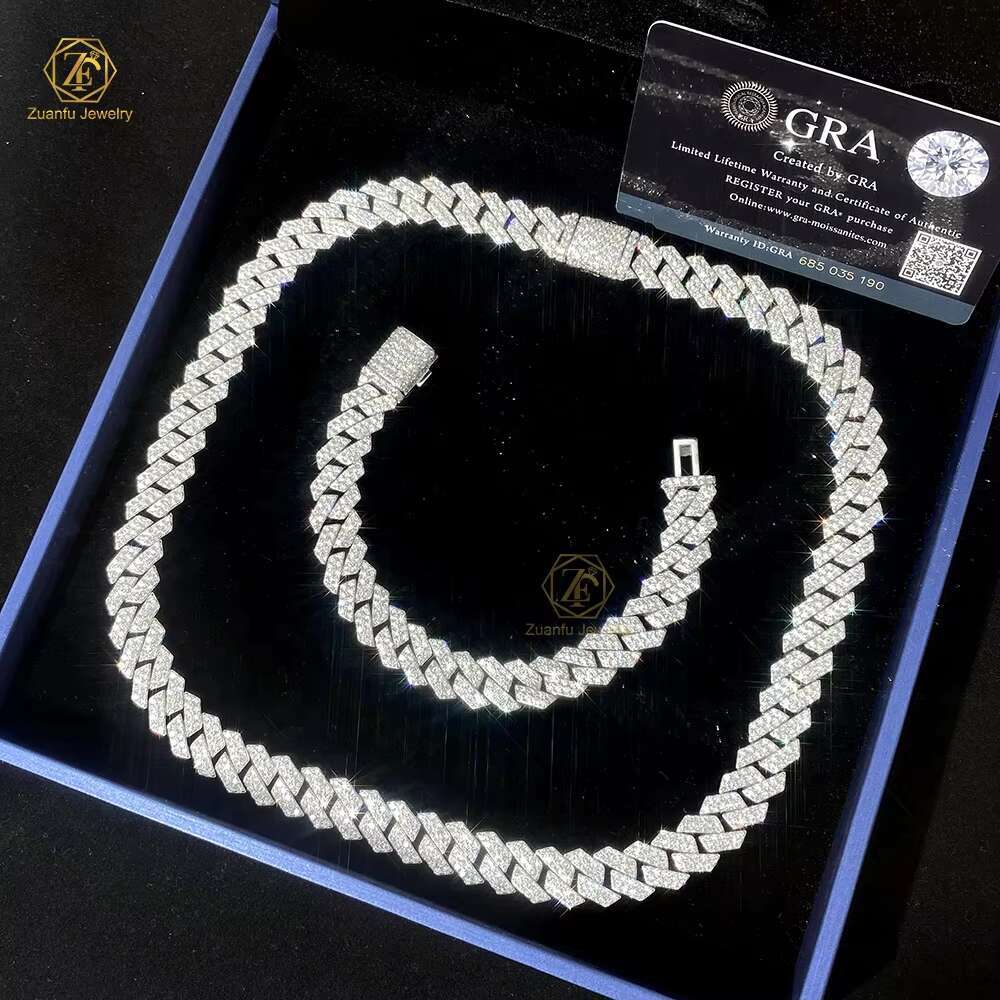 Hot Selling 925 Silver Cuban Link Chain Necklace Iced 2Rows 8-12mm VVS Moissanite Passes Diamond Tester GRA Hip Hop Style