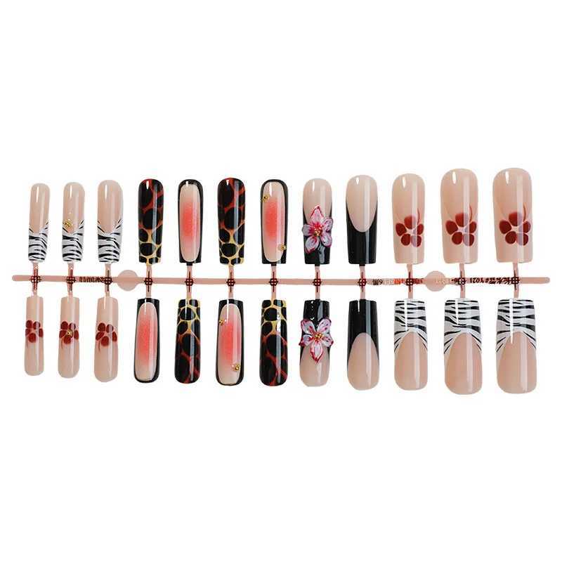 24 pieces of French 3D flower false nails Hand embossed leopard powder blusher gradual change false nails Y2k long ballet coffin full cover H25429
