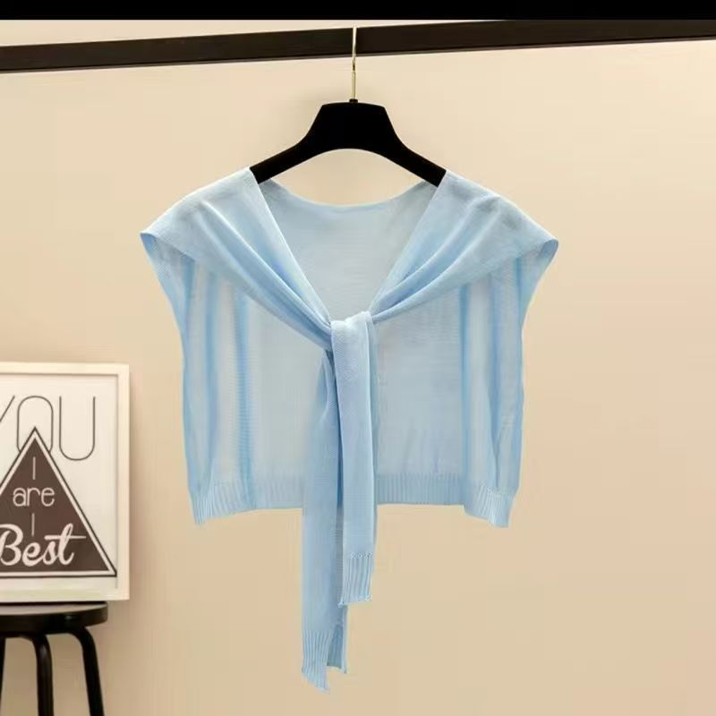 K581 Korean spring and autumn pure color thin short outer wear ice silk shawl air conditioning room waistcoat knitted shawl striped summer