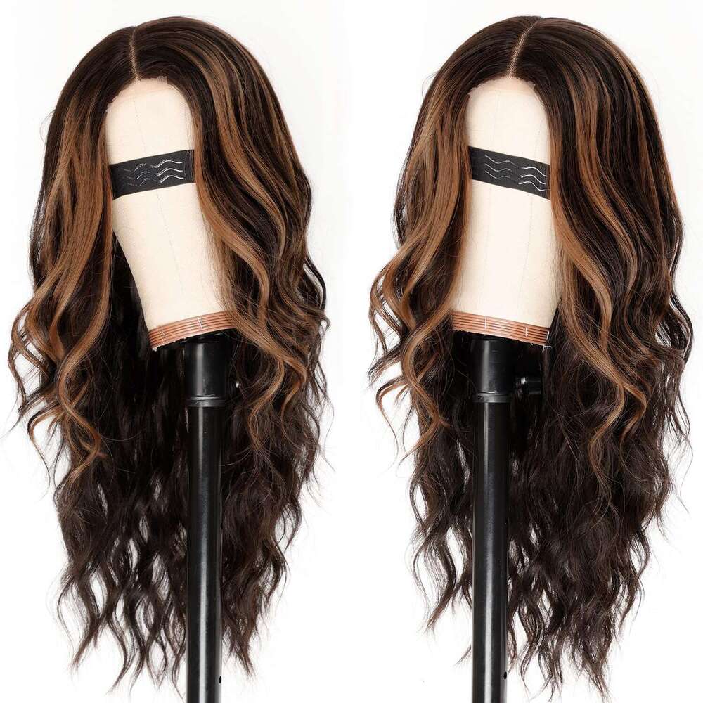 AISI HAIR Dark Brown with Highlights Women, Long Wavy Lace Hairline Middle Part Synthetic Heat Resistant Wig for Daily Party-26 Inch