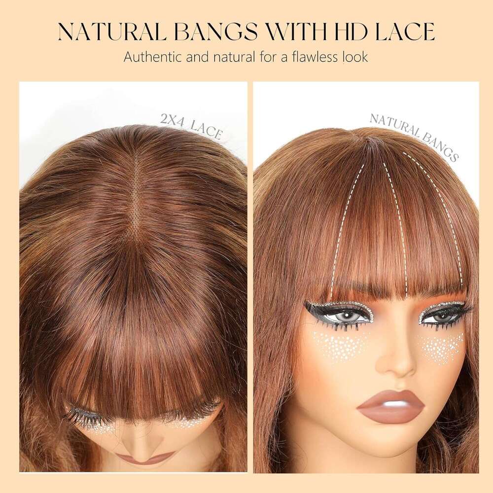 Ruiyu Ombre Highlight Wig with Bangs 2x4 HD Lace Front Closure Body Wave Wear and Go Glueless Highlights 4/27 Honey Blonde Brown Colored 100% Human Ha