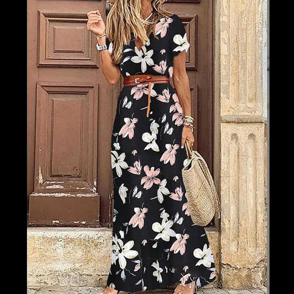 Womens sexy casual elegant holiday dress summer trend V-neck high seam irregular Midi dress retro print slim fit belt W250430