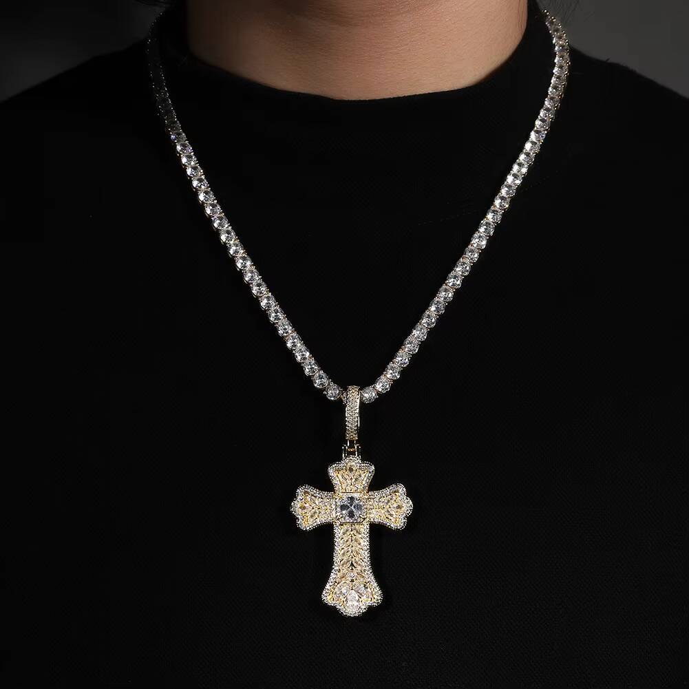 Luxury Unisex 18K Gold Plated Brass Hip Hop Jewelry Full Zircon Colorful Sparkling Wheat Cross Pendant for Party or Gift