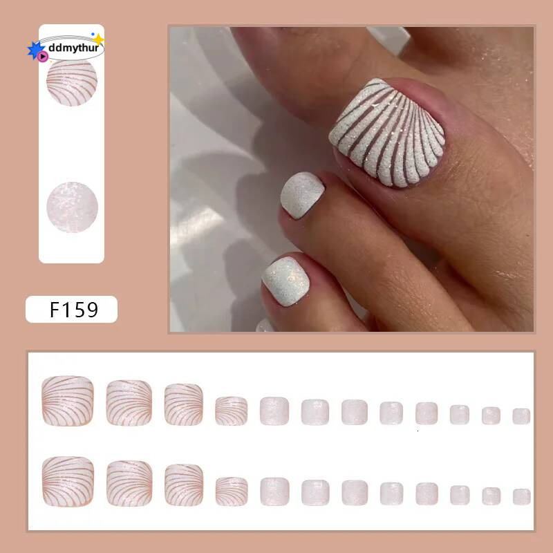 ddmythur 24pcs Shiny White False with Glitter Powder Design Square Fake Toe Nails Women Wearable Full Cover Press on Toenails