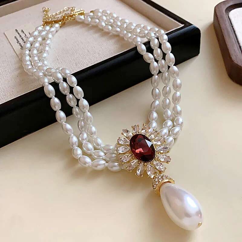 Flower Inlaid Rhinestone Drop Pearl Necklace Earring Set French Style Clavicle Chain Light Jewelry Sets For Women
