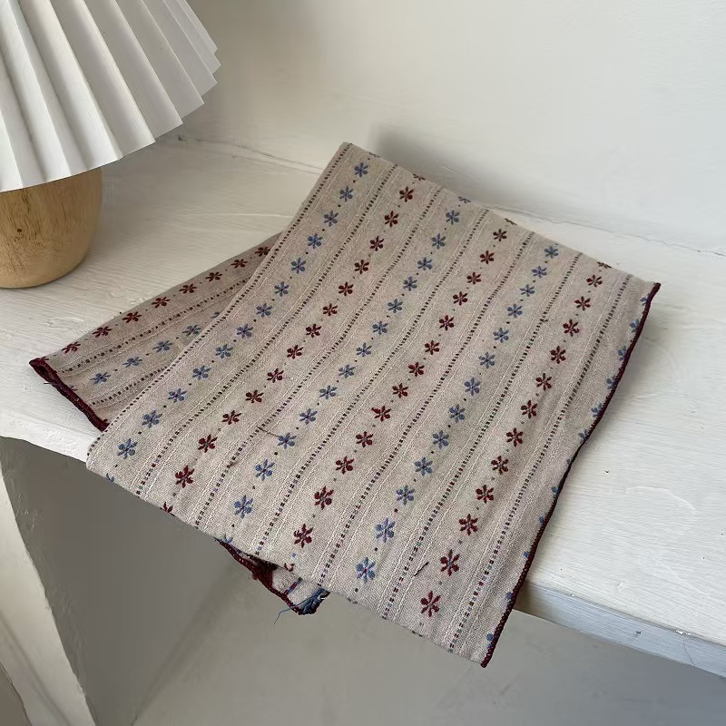 T600 Japanese college style retro literary brown coffee double-sided flower cotton scarf female students spring autumn winter neck protection scarf