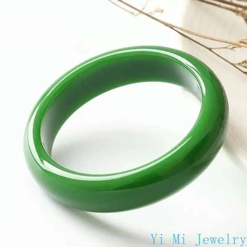 High Quality Hotan Jasper Spinach Green Wide Flat Strip Hand Ornaments Jade Bracelet Bangles For Women Jewelry
