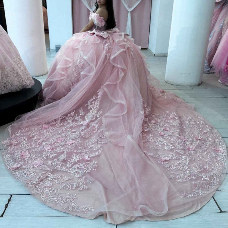 Pink Princess Quinceanera Dresses Off Shoulder Applique Flower Beads Tull Sweet 16 Dress Ball Gown Vestidos 15 Anos
