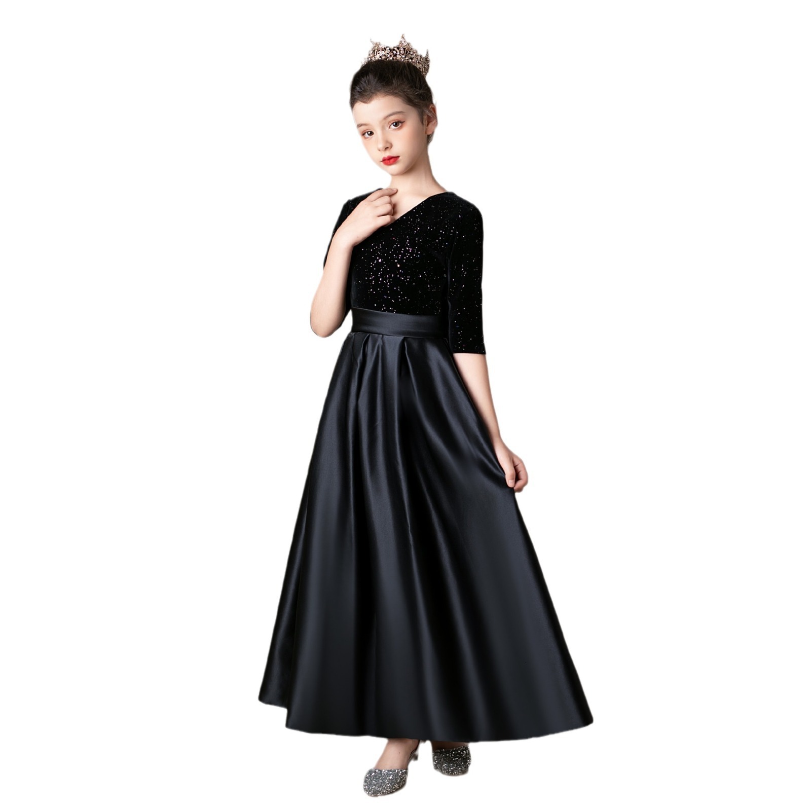 Velvet long sleeved performance costume for black girls, piano, violin, host, orchestra, chorus, girls' formal dress
