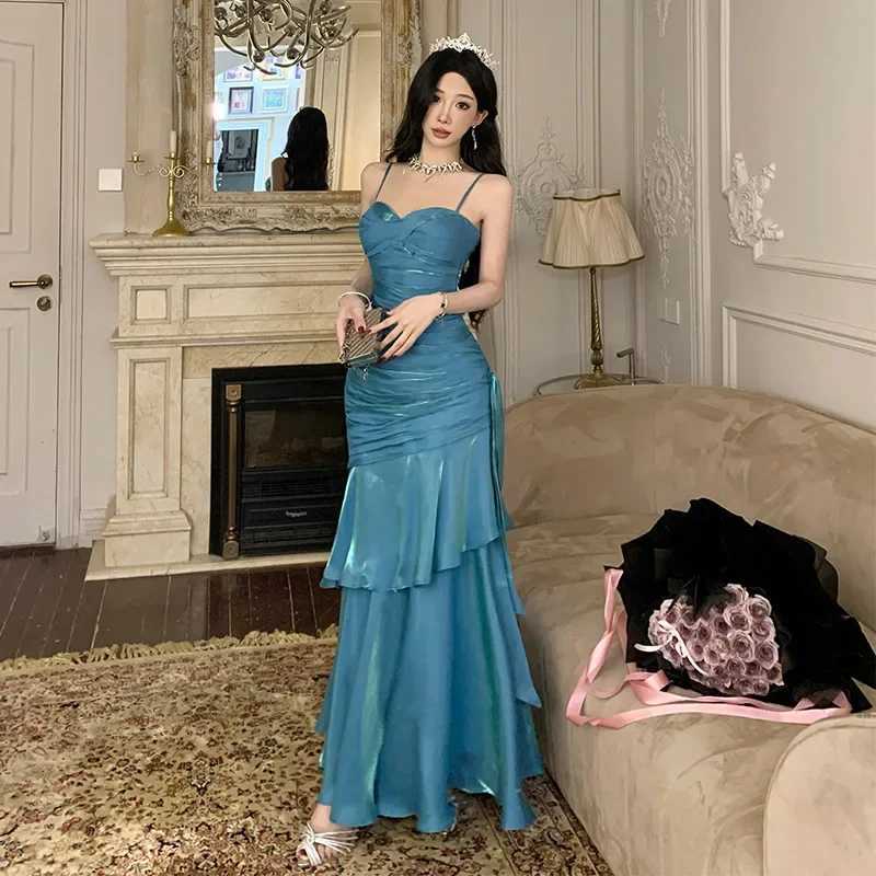 Blue Mermaid Goddess long dress chest cushion strapless dress birthday party coming of age ceremony intimate friend gathering W250430