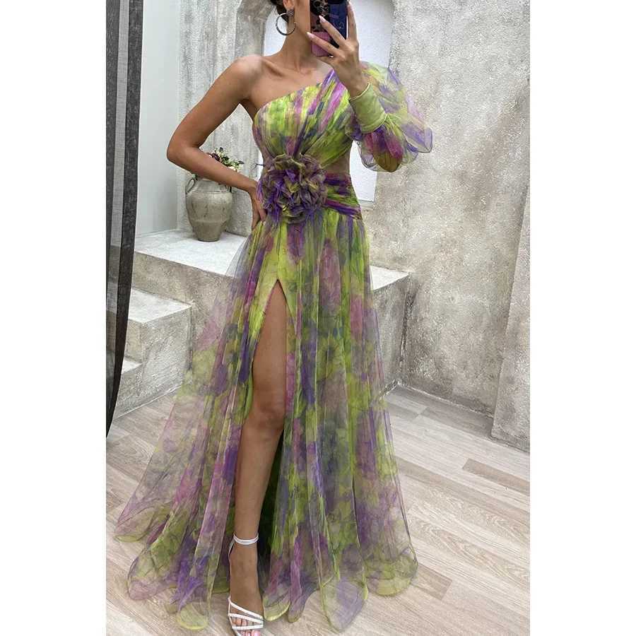 2025 Summer Mesh Womens Evening Dress Single Shoulder Split Elegant Long Dress Womens Fashion Party Club Ms. Vestodos W250430