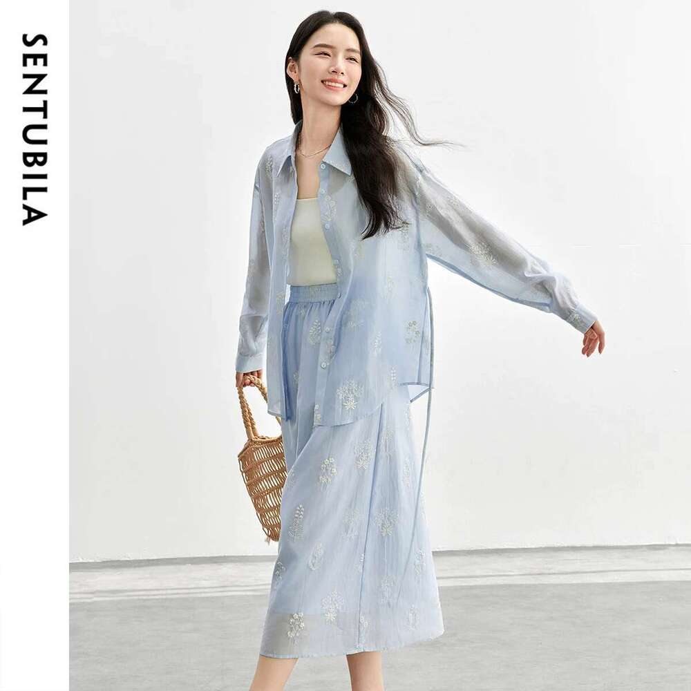 SENTUBILA Women Outfit Loose Embroidery Lace Up Shirt Elastic Waist Skirt Lyocell New Match Sets 2025 151Z58161