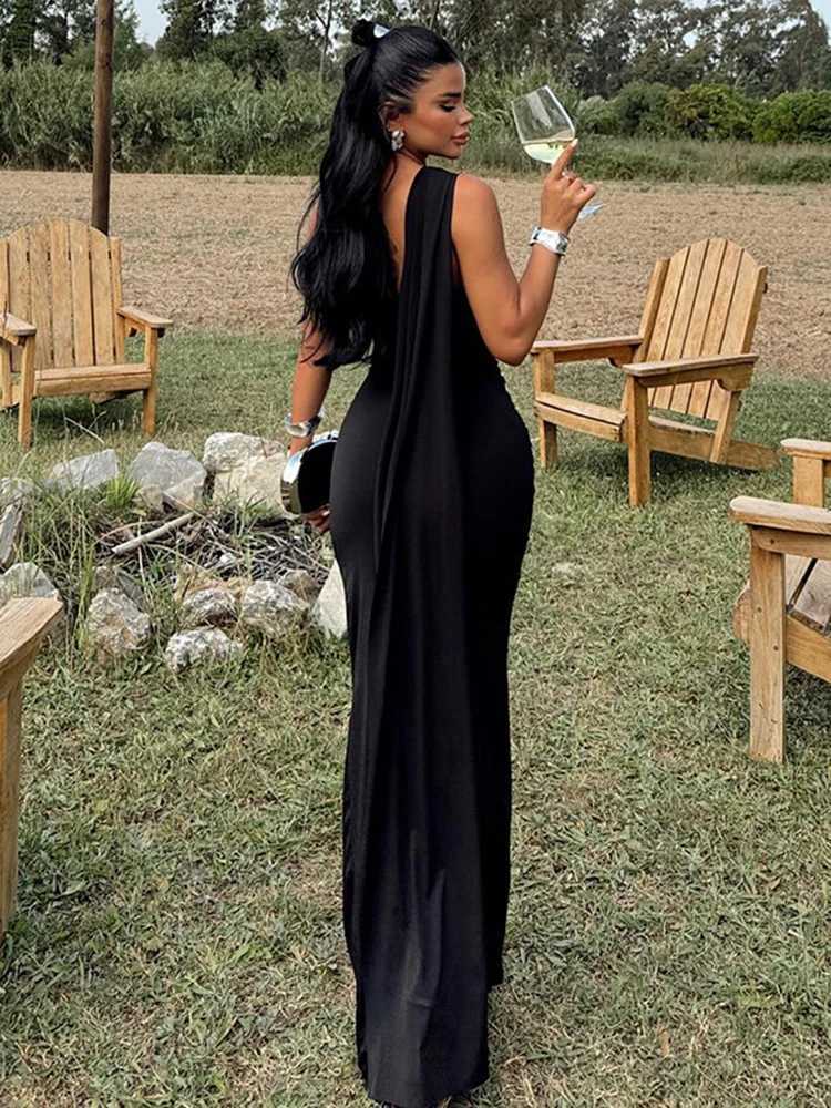 Elegant strapless pleated shoulder slanted collar sleeveless backless sexy summer party vacation club womens Maxi dress W250430