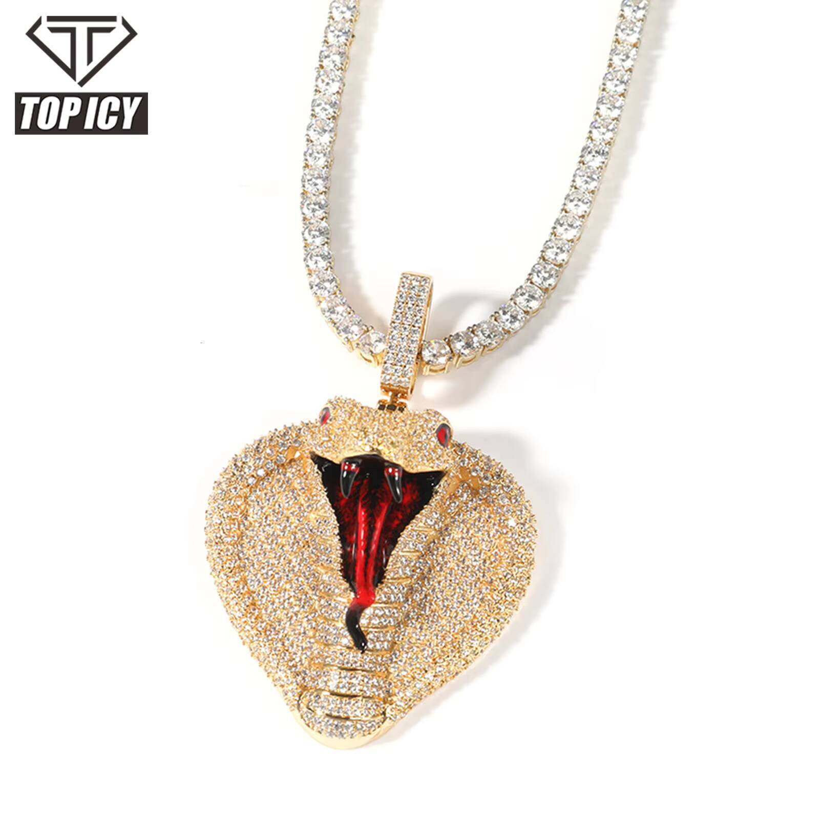 AAA Moissanite Chain Zircon Iced Out Cobra Snake Pendant Necklace Hip Hop Animal Snake Pendant Gold Charm Pendant Snake Diamond Chain Ice Diamond Neck
