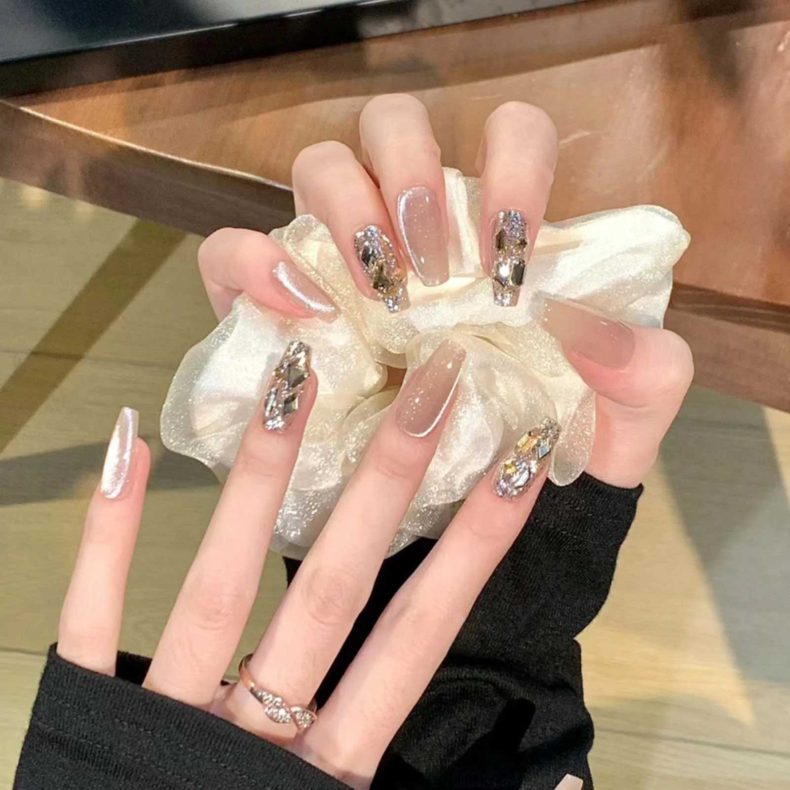 10 pieces/1 set of powder blusher pressed nails with bow knot chip anti stain false nails for stage performance wearing S/M/L DIY nails H25429