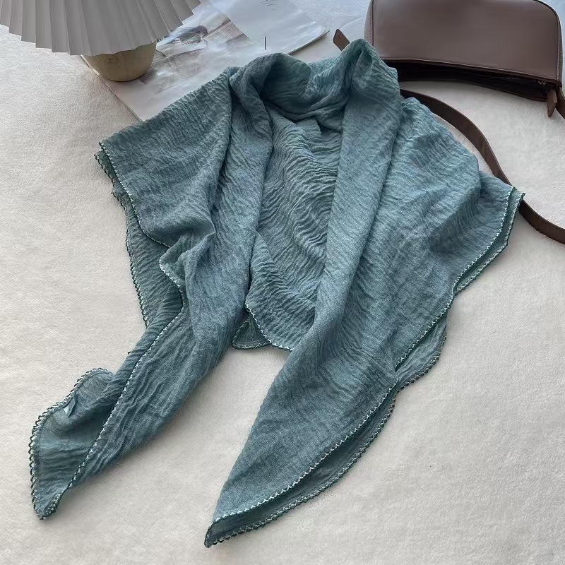 T596 Spring and Autumn new pleated solid color cotton and linen large square scarf female Korean style temperament versatile shawl thin neck scarf