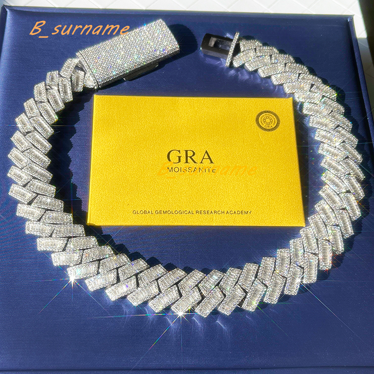 Hip Hop Baguette Cuban Chain Fine Jewelry 15mm 18mm 20mm 925 Solid Silver VVS Baguette Moissanite Cuban Link Chain Necklace
